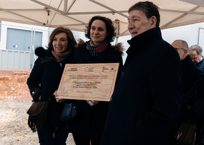 Pose de la première pierre chantier chaufferie - geste inaugural avec Alain ANZIANI et Claudine BICHET